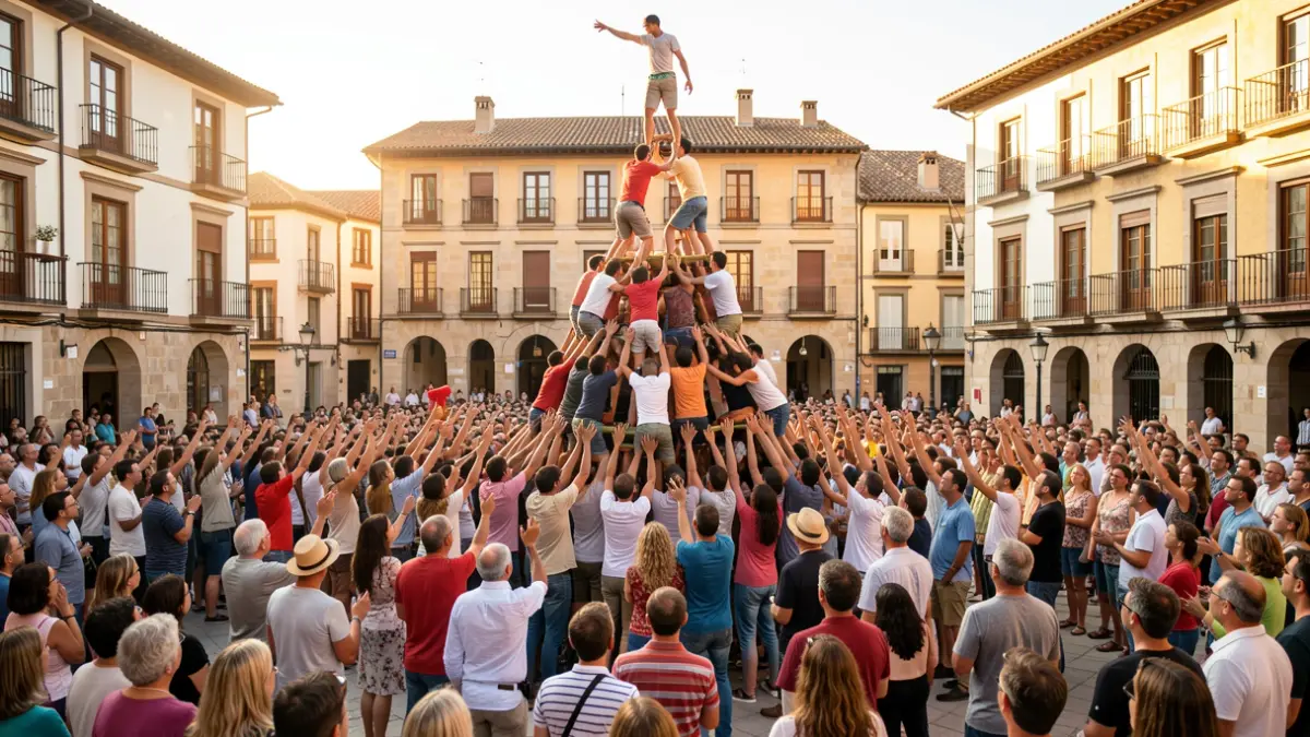 Imatge genèrica de castellers formant una torre humana en una plaça.