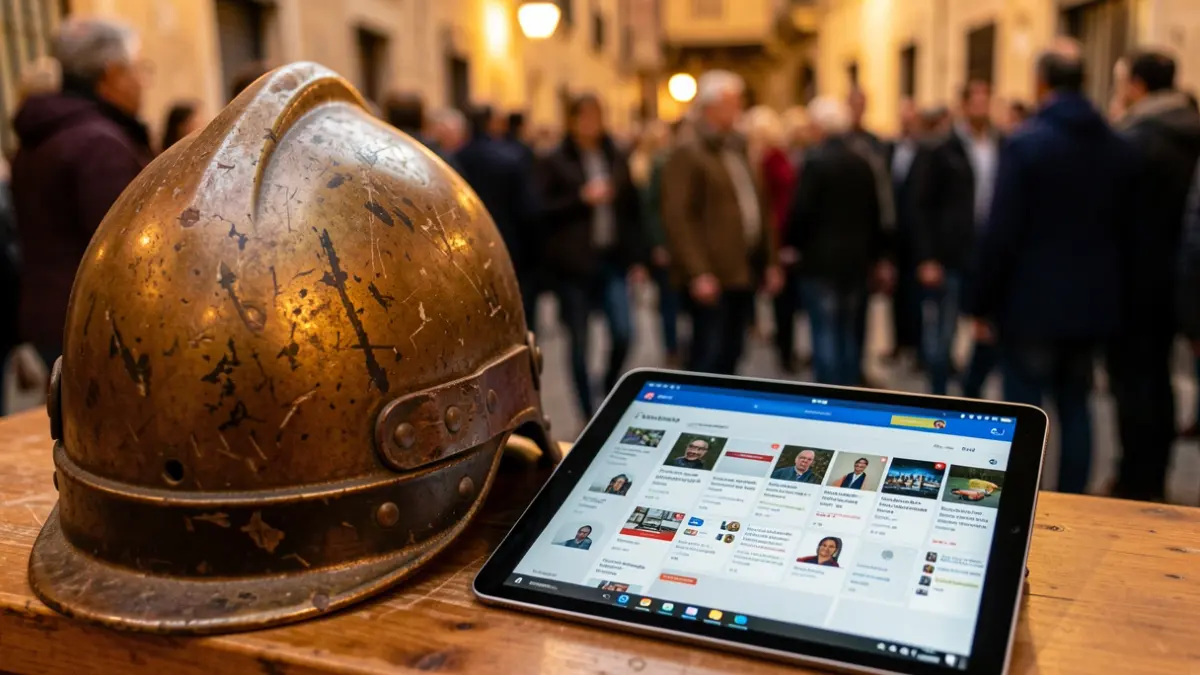 Imagen genérica de un casco de 'casteller' antiguo junto a una tablet digital.