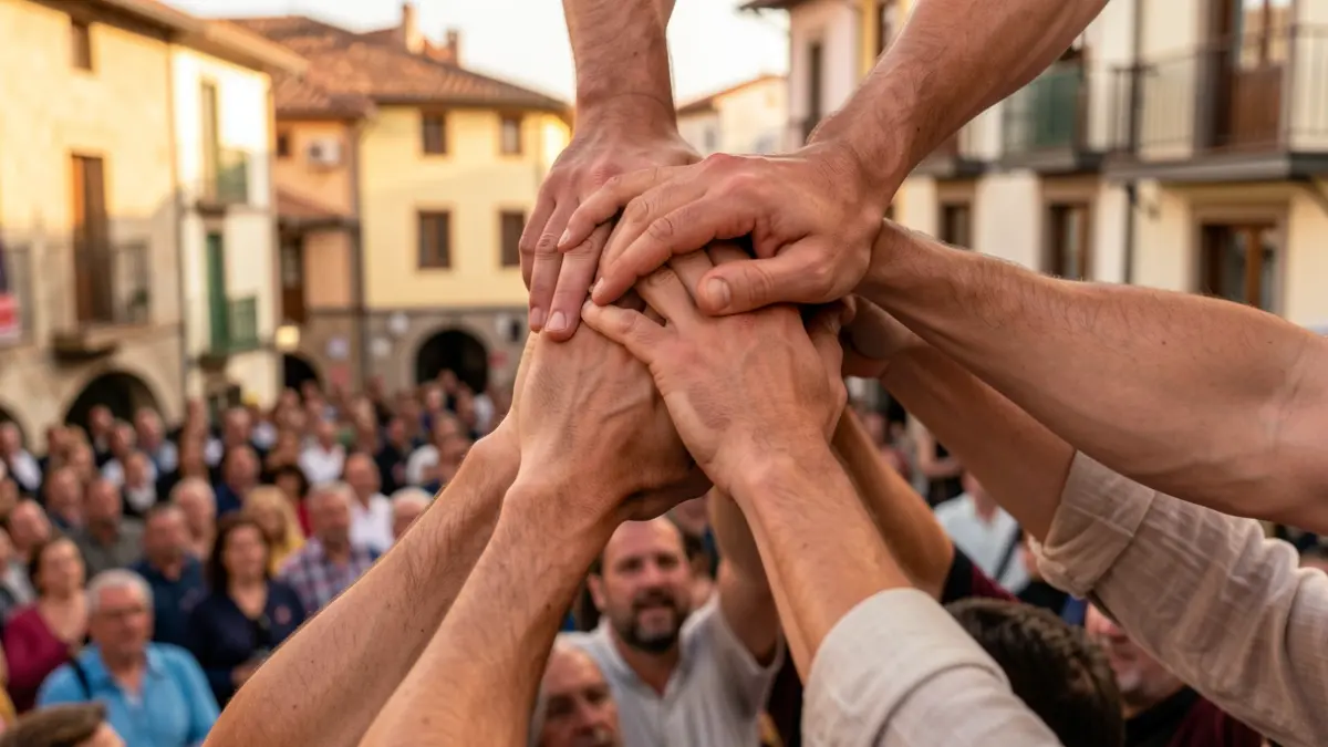 Generic image of a human tower construction with traditional Catalan architecture.