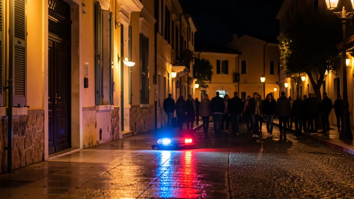 Generic image of a police station closed at night with emergency lights.