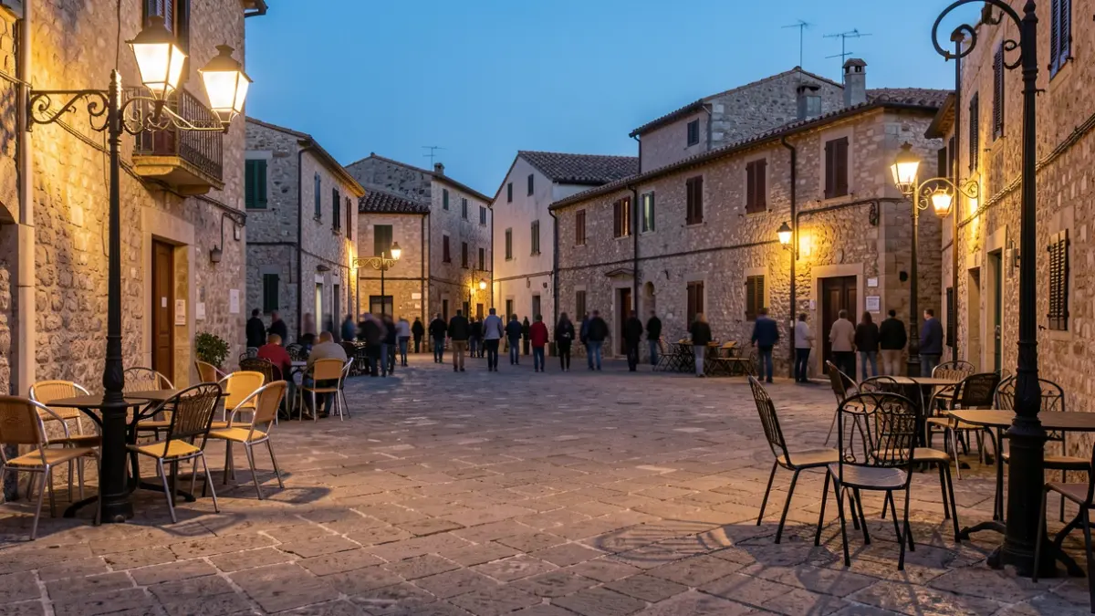 Imagen genérica de una plaza de pueblo mediterráneo al atardecer.