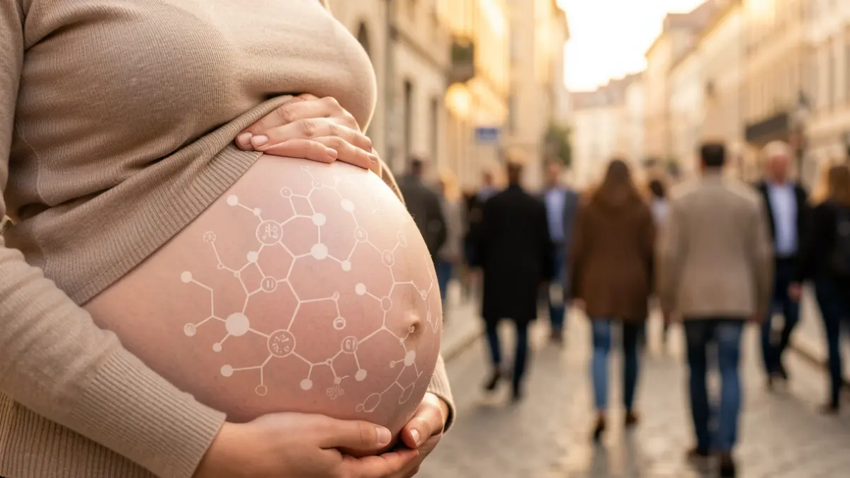 Generic image of a pregnant woman with nutrition symbols.