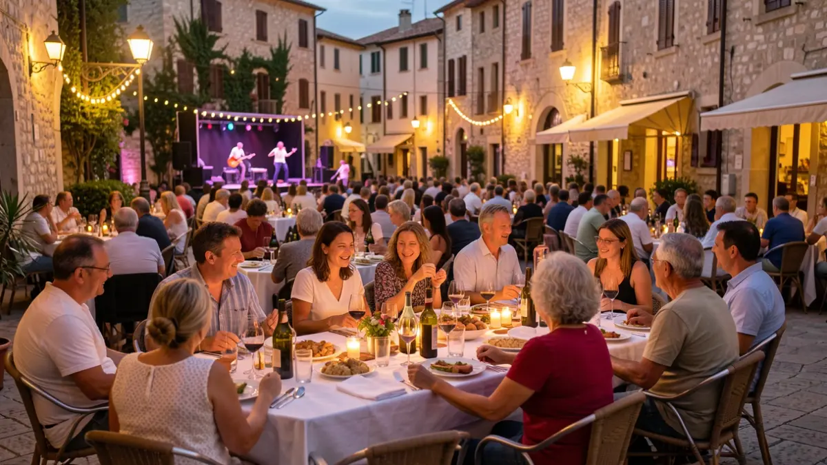 Imatge genèrica d'un sopar-espectacle a l'aire lliure en una plaça mediterrània.