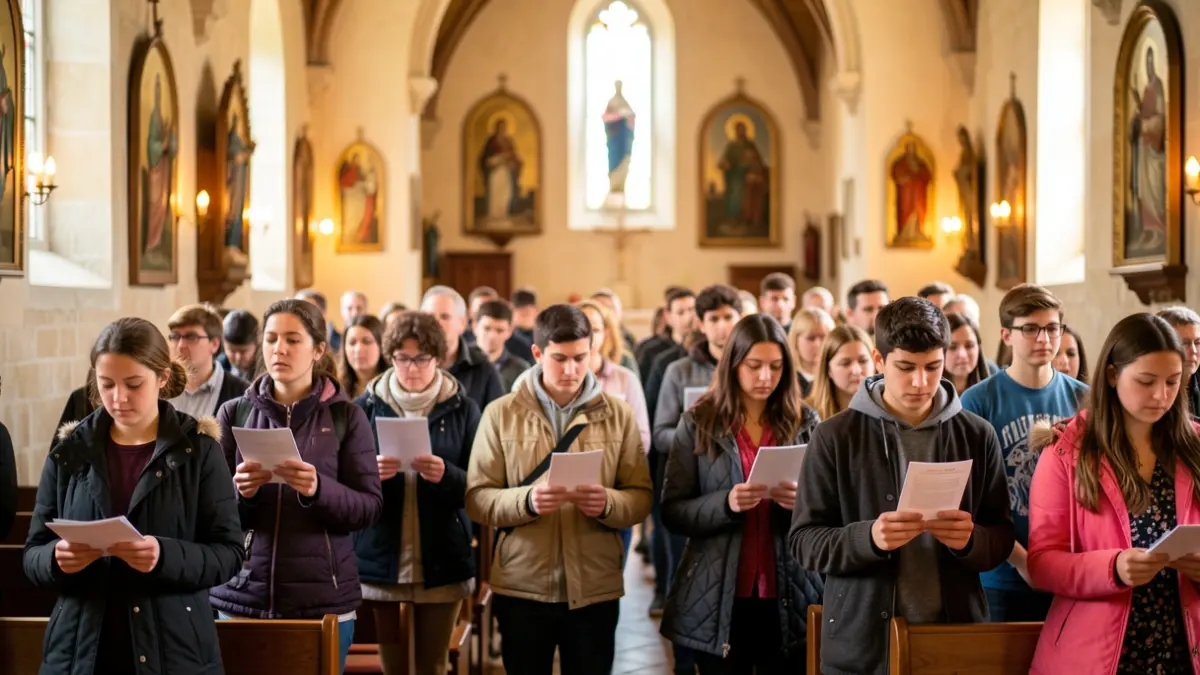 Young Catholics gathered in a religious space in Catalonia.