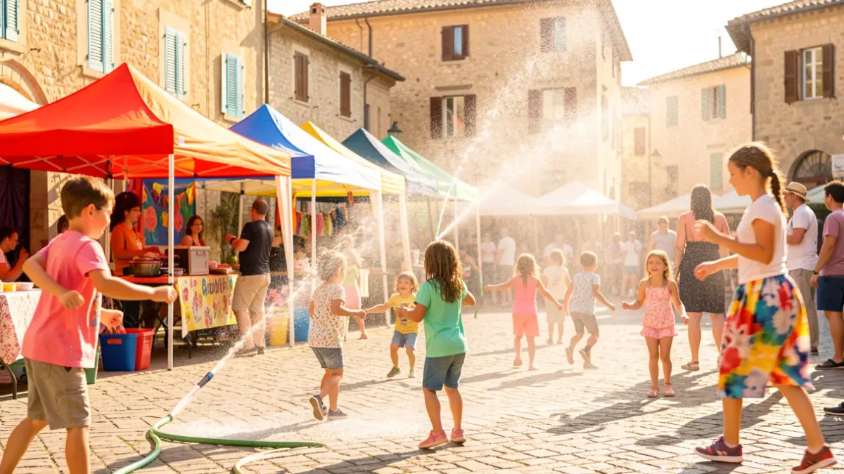 Generic image of an outdoor children's festival with music and water.