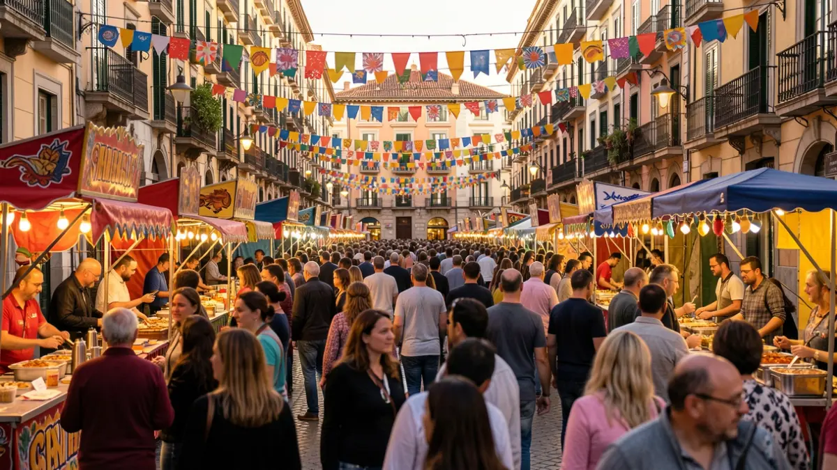 Generic image of a neighborhood festival in Barcelona's Gràcia district with decorations and people enjoying.
