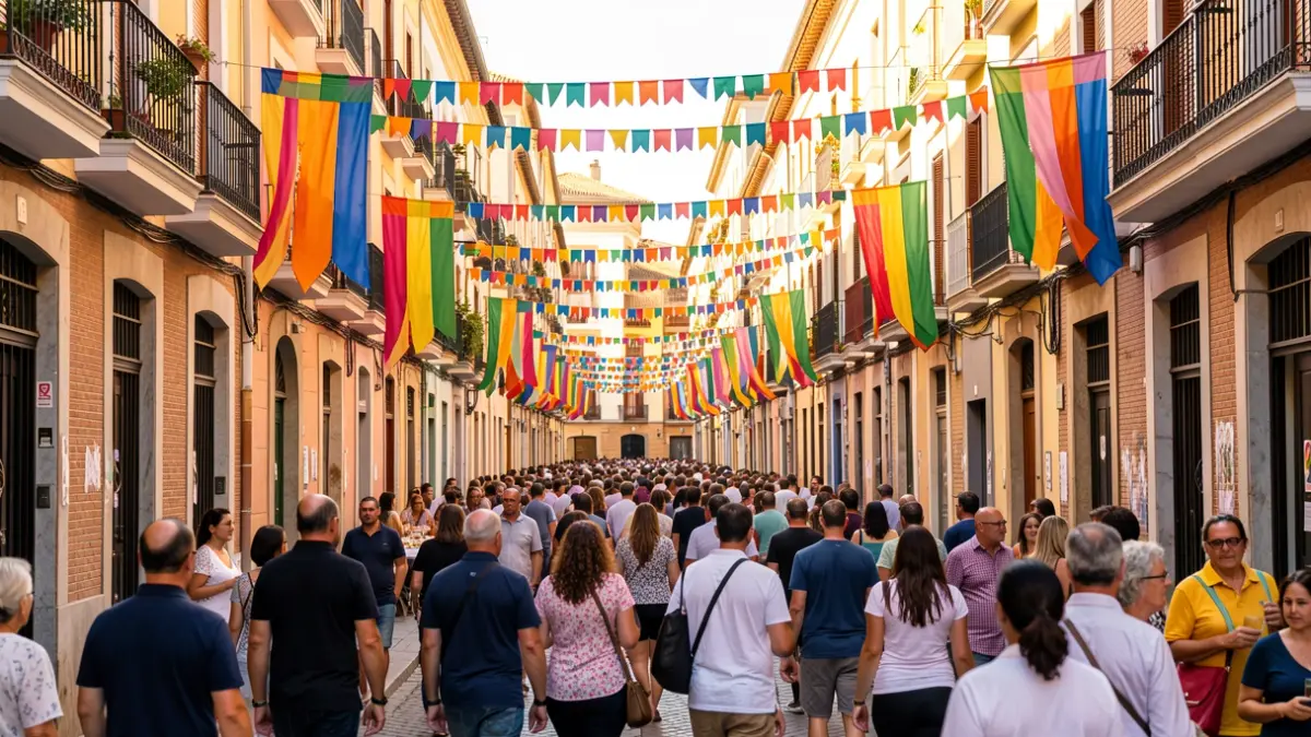 Generic image of a street festival in Barcelona's Raval neighborhood, with a festive atmosphere and Mediterranean architecture.