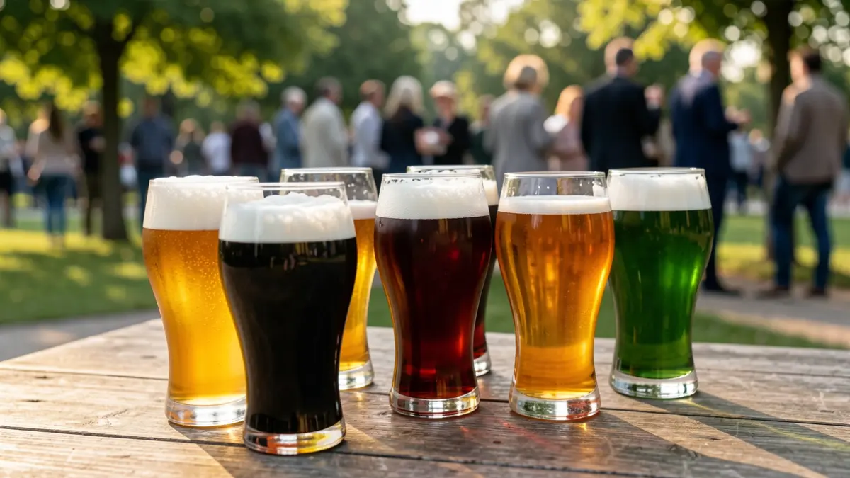 Generic image of various craft beer glasses on a wooden table.