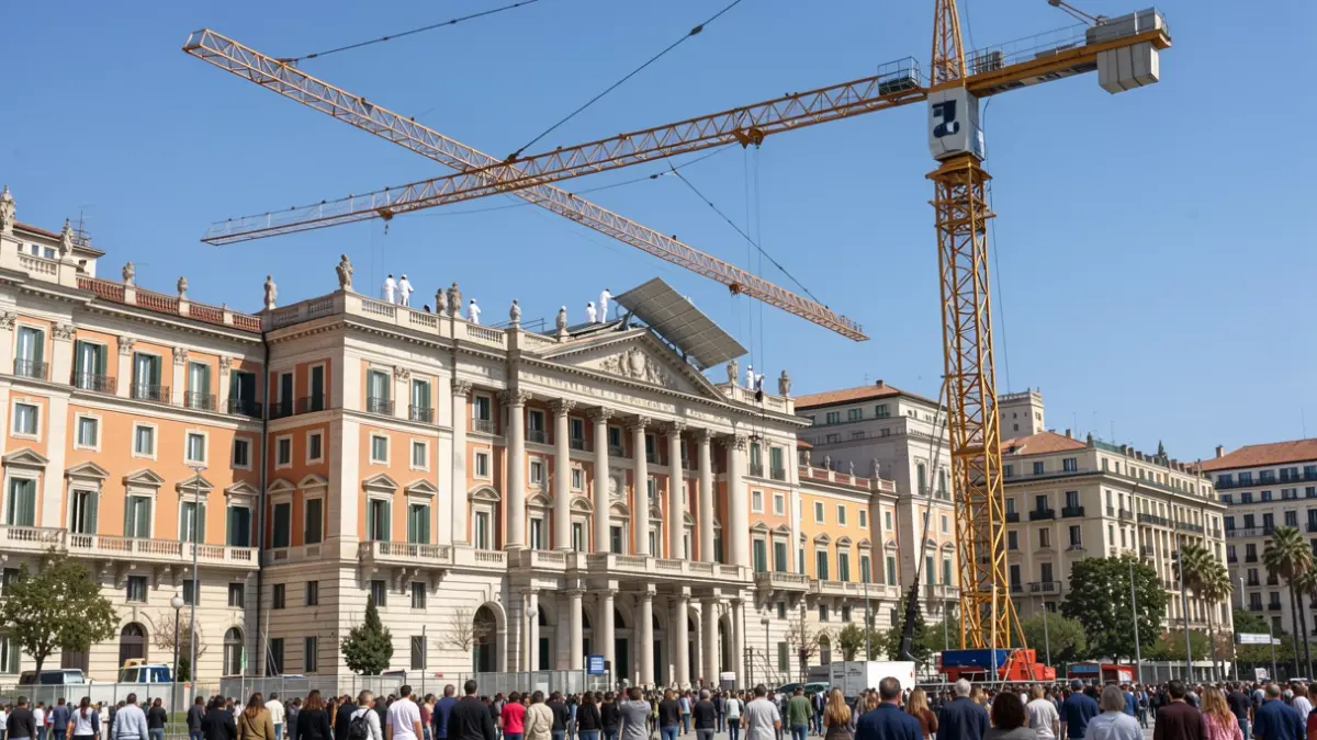 Grúa retirando el tejado de fibrocemento del Palau d'Alfons XIII en la Fira de Montjuïc.