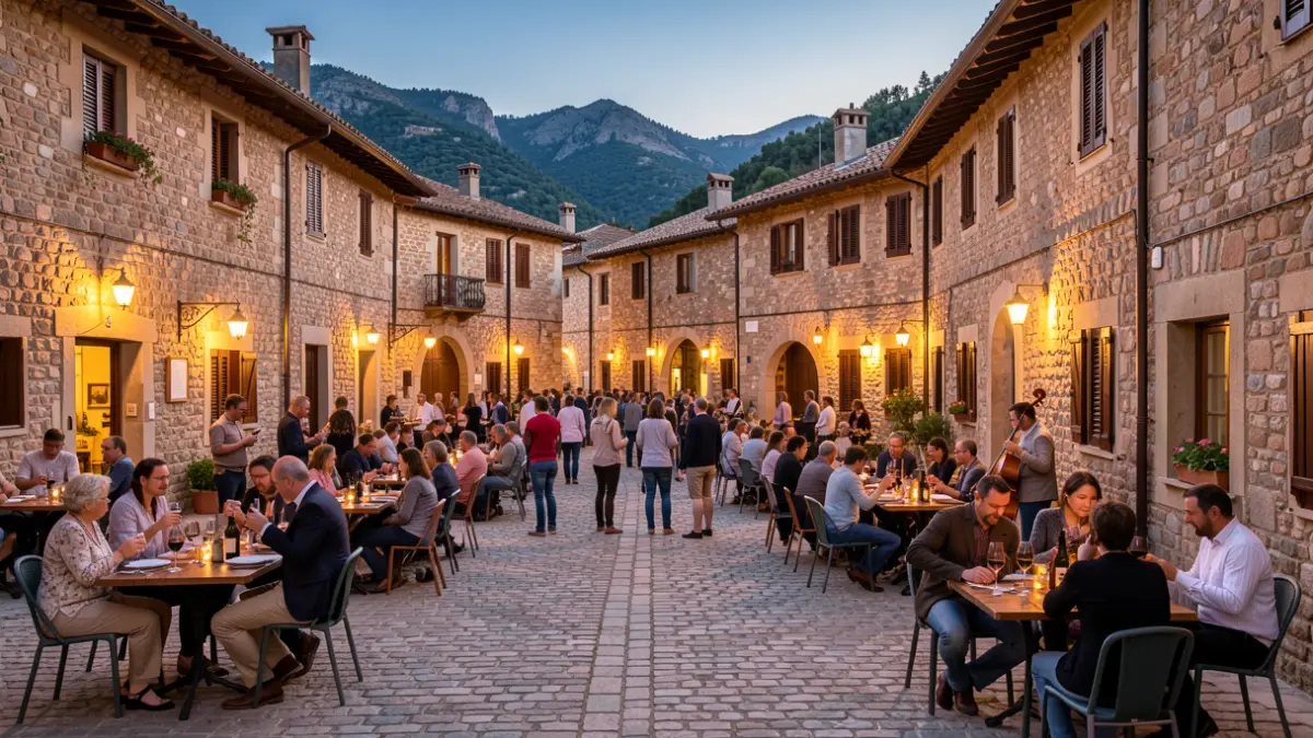 Imatge genèrica d'una fira de vi a un poble català amb gent tastant vins i música.