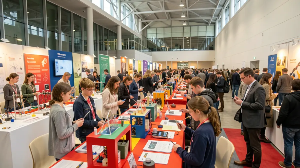 Imatge genèrica d'una fira de projectes educatius amb estudiants presentant les seves creacions.