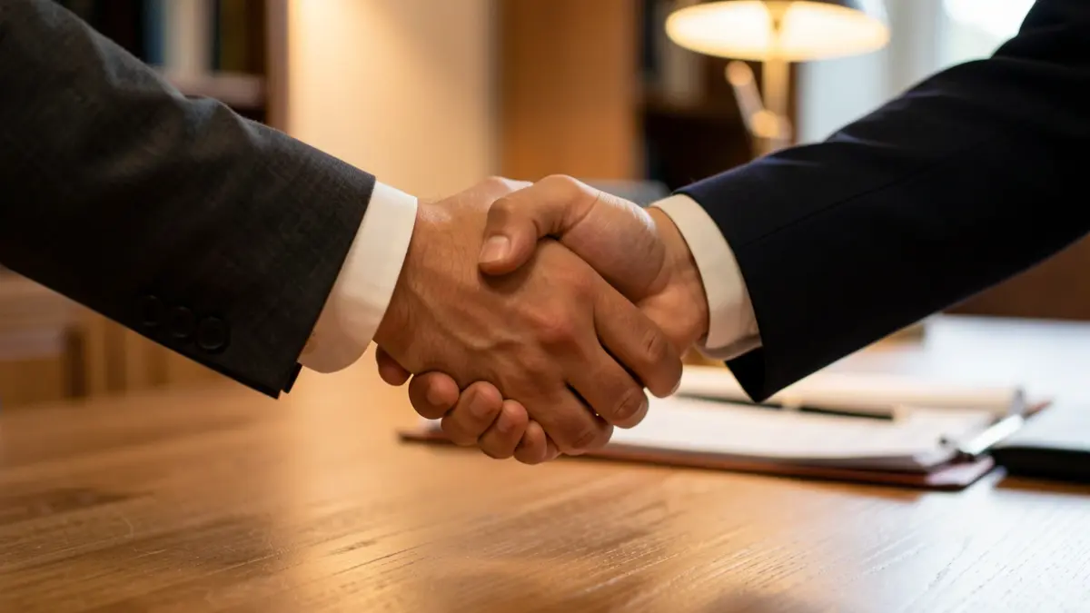 Generic image of two people shaking hands in a professional setting.