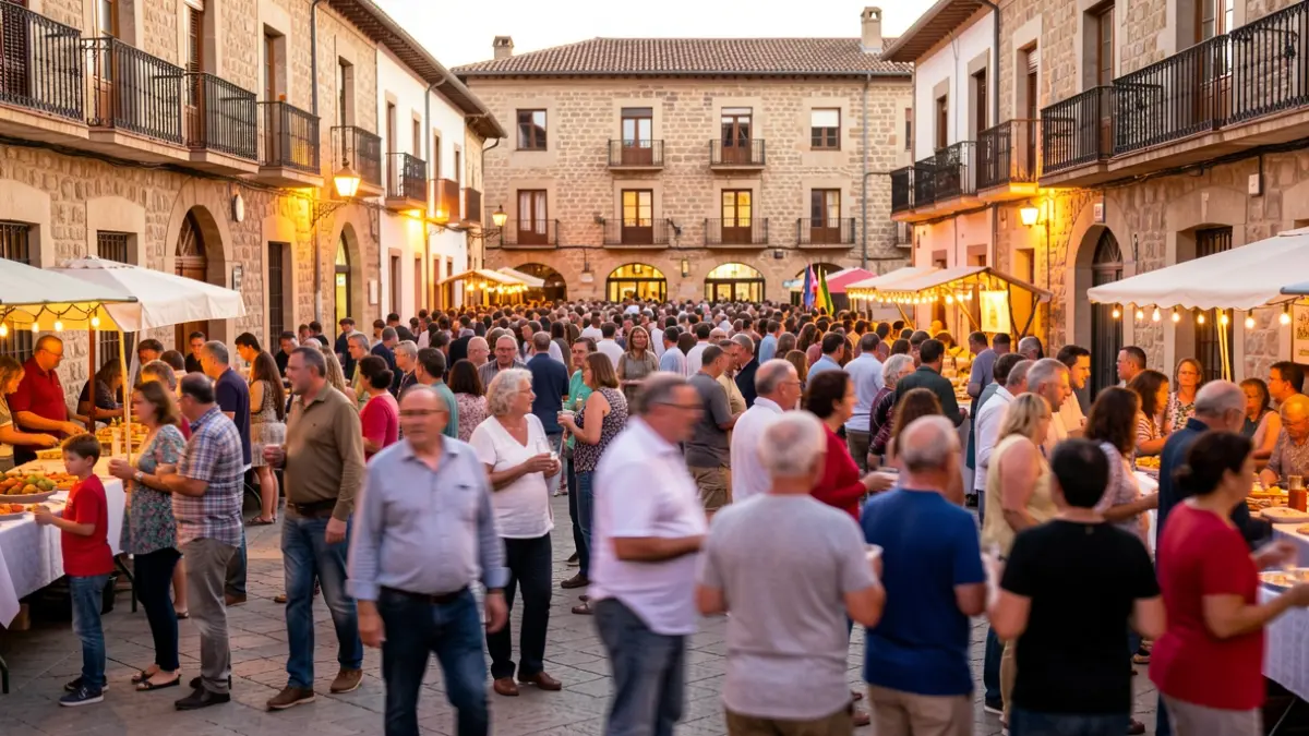 Imatge genèrica d'una plaça de poble català durant una festa major, amb gent de totes les edats gaudint de l'ambient festiu.