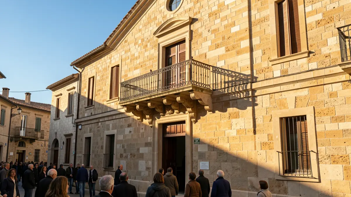 Façana d'un ajuntament de pedra amb balcó i cel blau.