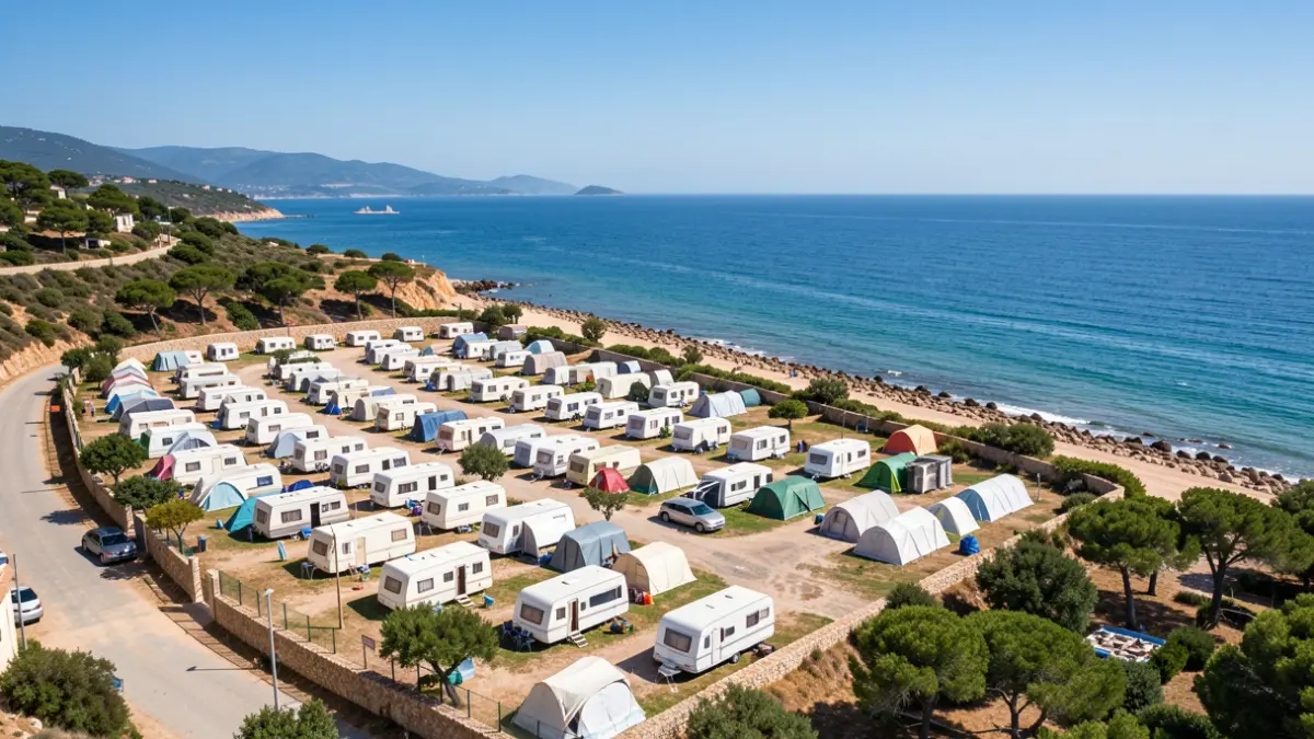 Aerial view of a coastal campsite in Cadaqués, with caravans and tents near the sea.