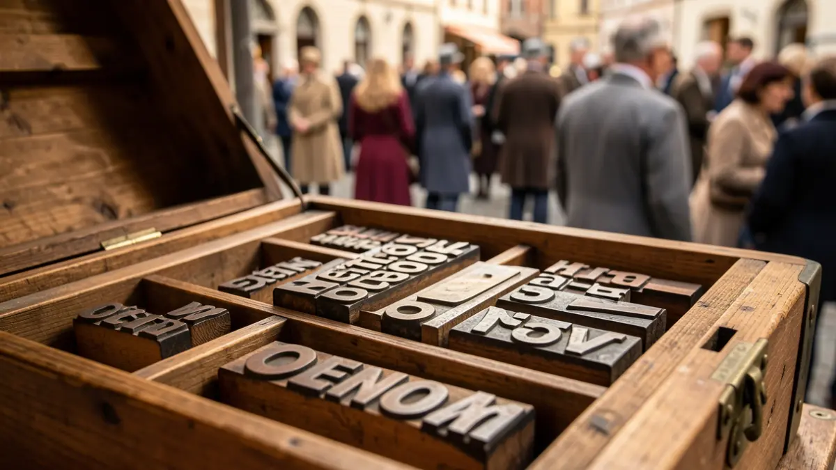 Image of old wooden letterpress printing blocks in a wooden box.