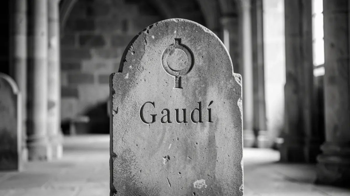 Fotografia antiga de la làpida original d'Antoni Gaudí a la cripta de la Sagrada Família.