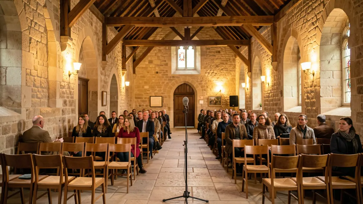 Interior of a historic church prepared for a concert, with warm lighting.