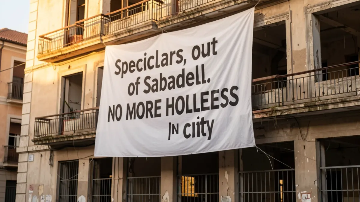 Pancarta reivindicativa contra la especulación inmobiliaria en Sabadell.