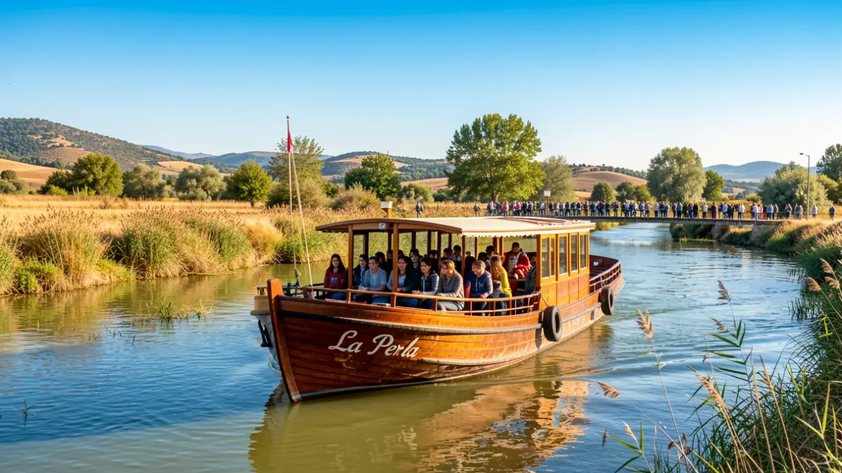 Riverboat La Perla with students on board on the Ebre River.