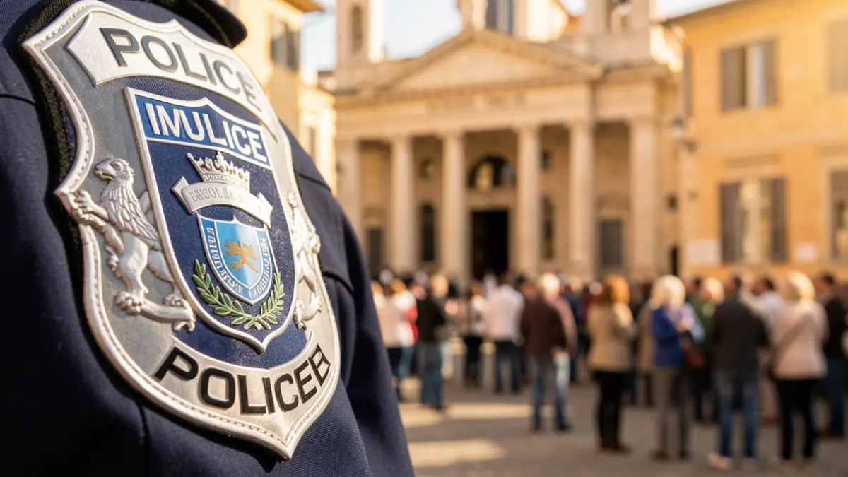 Insígnia de la Policia Local de Palafrugell amb l'Ajuntament al fons.
