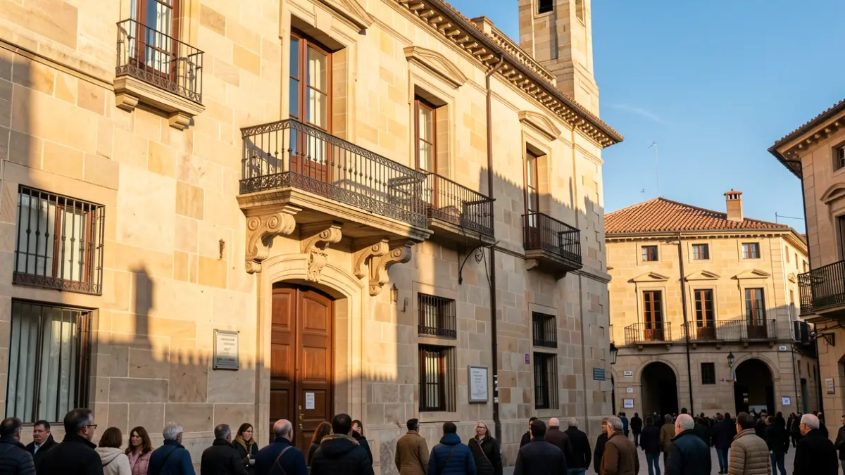 Imatge genèrica d'un edifici consistorial català amb balcó i llum càlida.