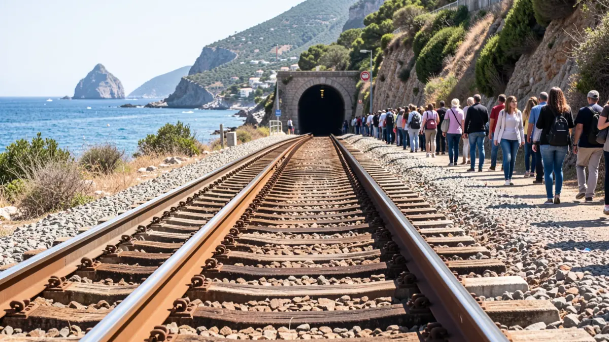 Generic image of train tracks entering a tunnel on the Mediterranean coast.