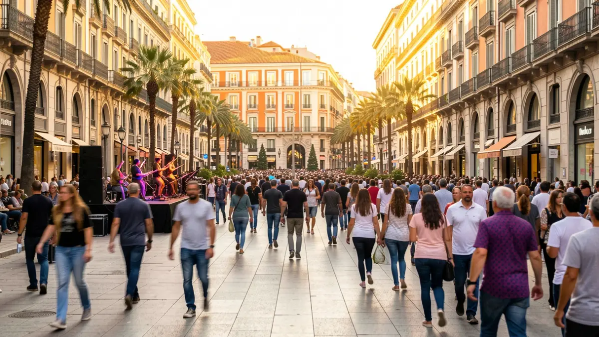 Generic image of La Rambla in Barcelona with people walking.