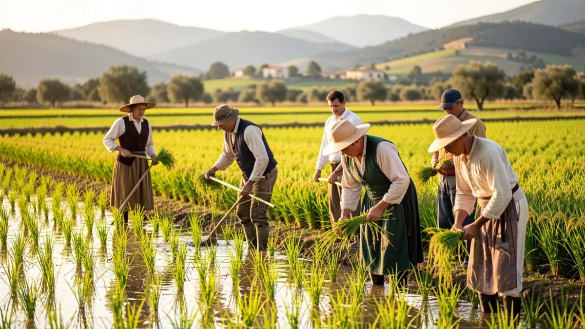 Demostración de plantada tradicional de arroz en La Ràpita.