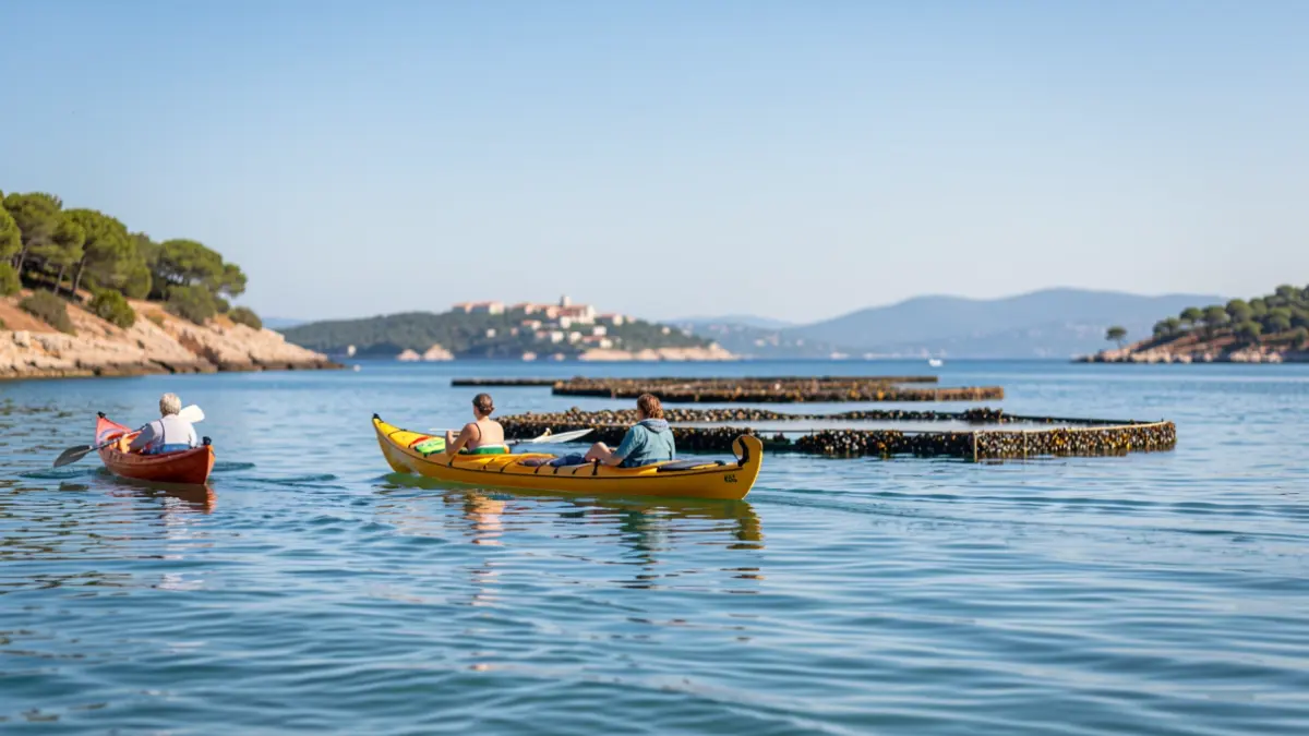 Kayaks navegando en una bahía con bateas de mejillones al fondo.