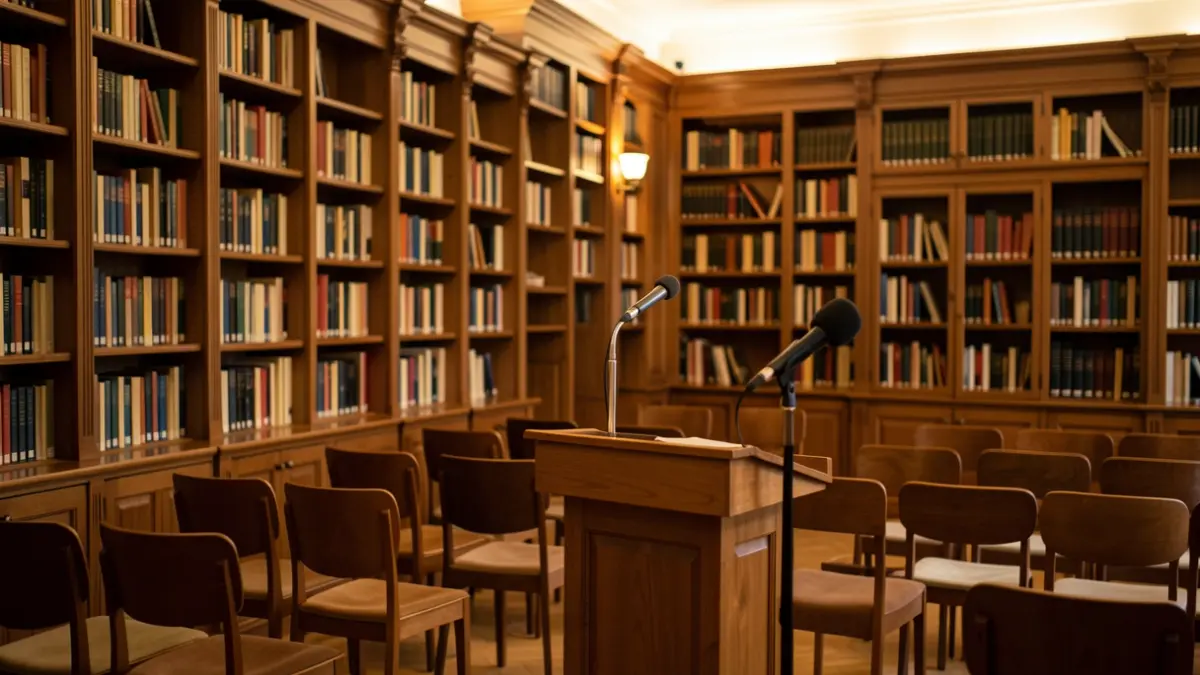 Imatge genèrica d'una biblioteca universitària amb un faristol per a presentacions.