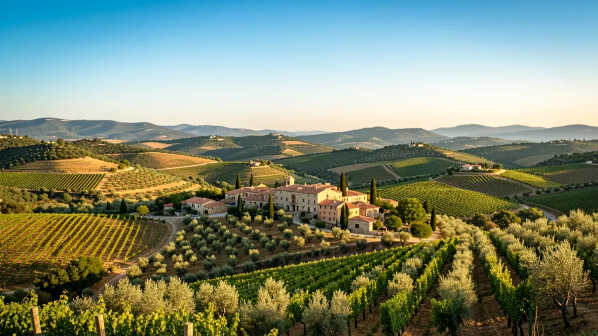 Generic image of the Terra Alta comarca landscape with vineyards and a village.