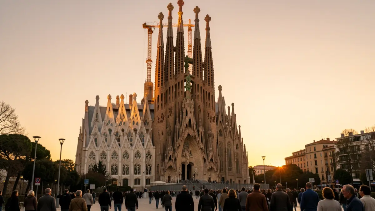 La icónica silueta de la basílica de la Sagrada Familia bajo un cielo dorado en Barcelona.