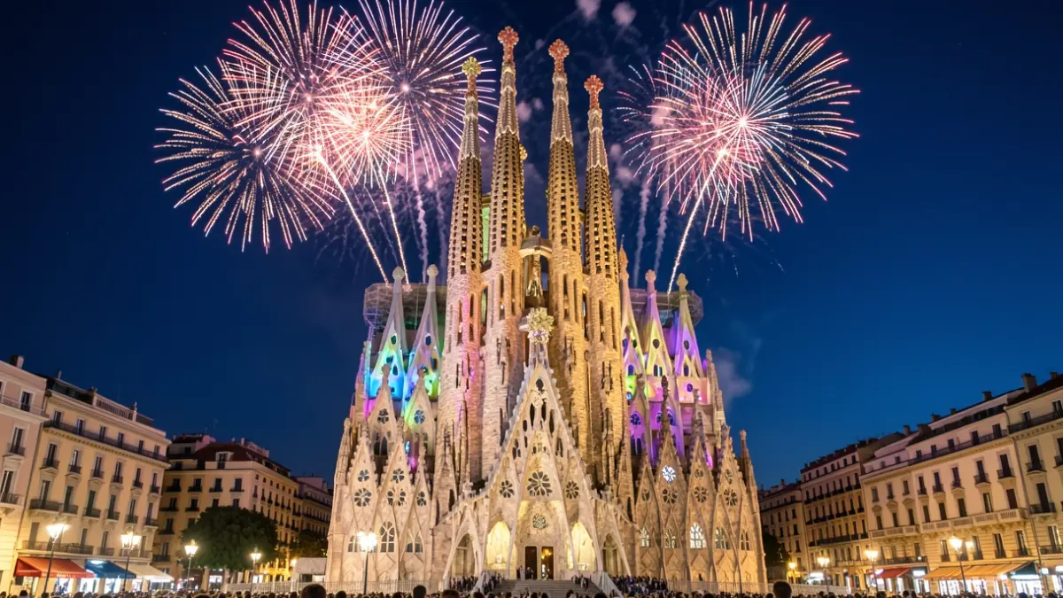 Generic image of the Sagrada Familia illuminated with fireworks.