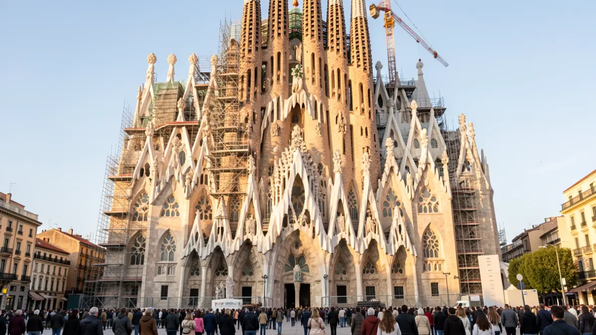Vista de la façana de la Glòria de la Sagrada Família amb obres.