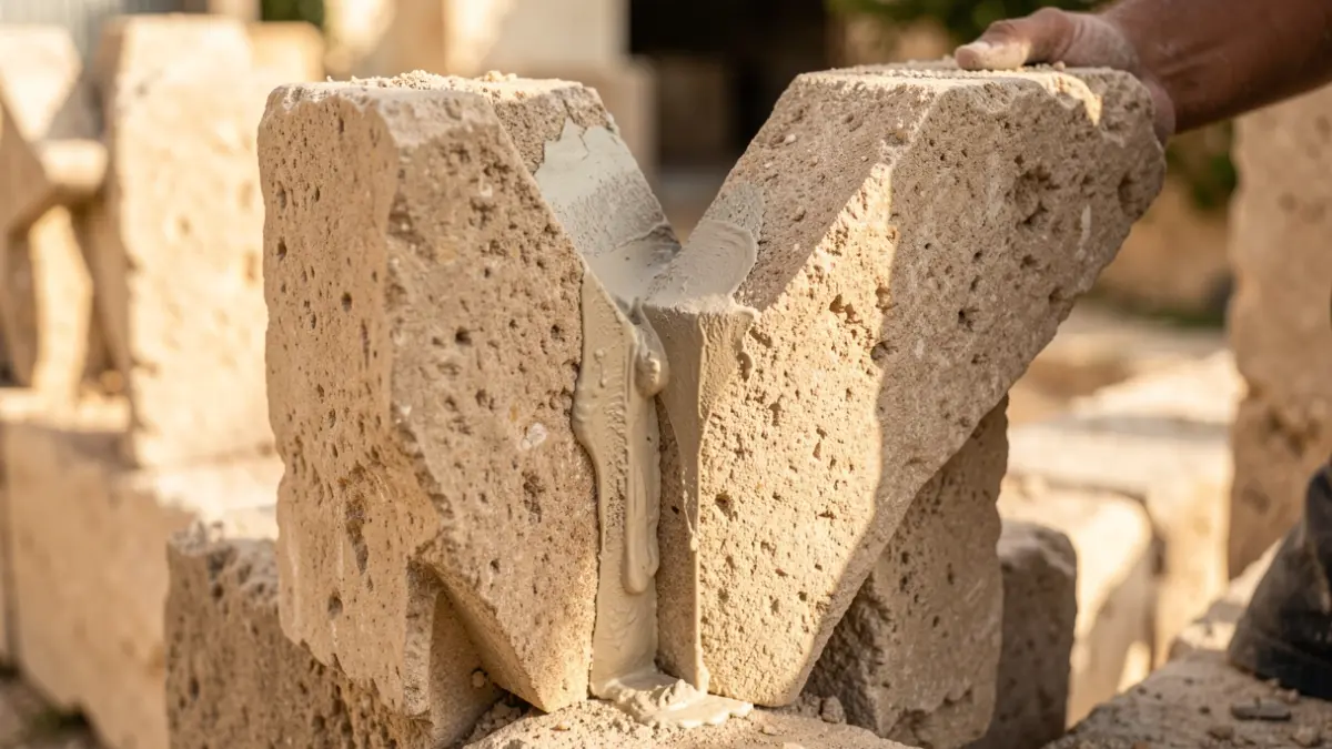 Detall de la unió de blocs de pedra amb adhesiu especial a la construcció de la Sagrada Família.