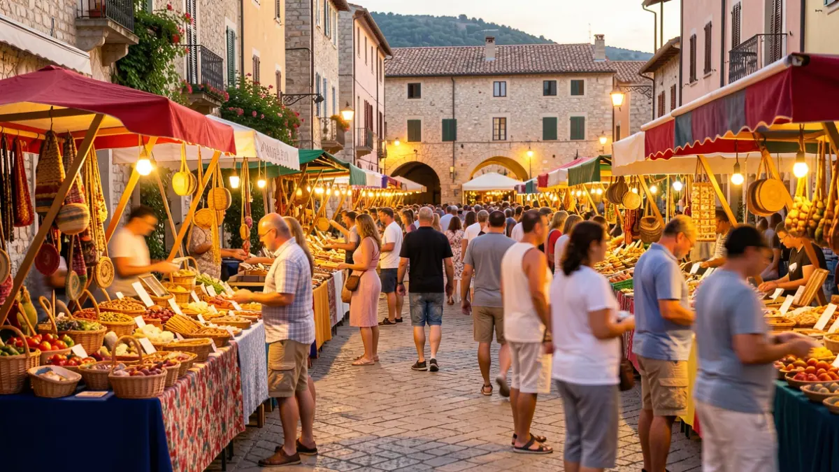 Generic image of an outdoor summer market with stalls and people.