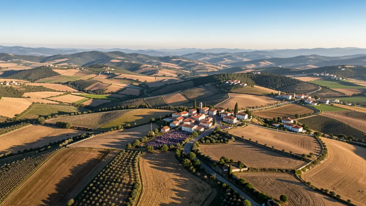 Vista aèria de la comarca de la Segarra amb camps i pobles.