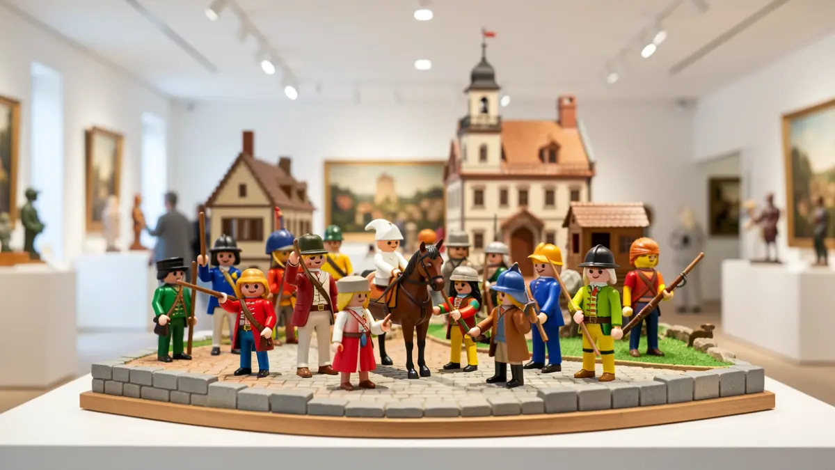 Diorama de Playmobil con figuras históricas en una exposición.