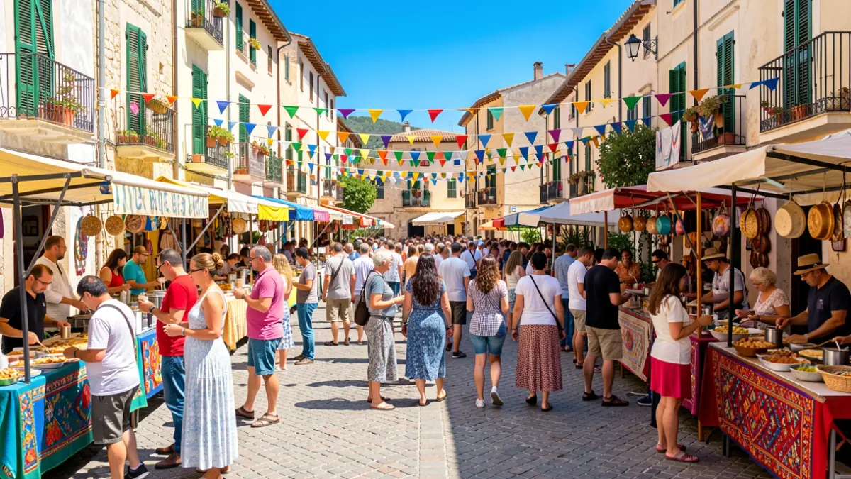 Generic image of an intercultural fair with stalls and people enjoying activities.