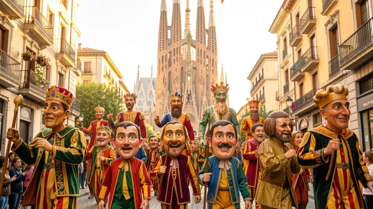 Parade of giants and big-heads in front of the Sagrada Familia.