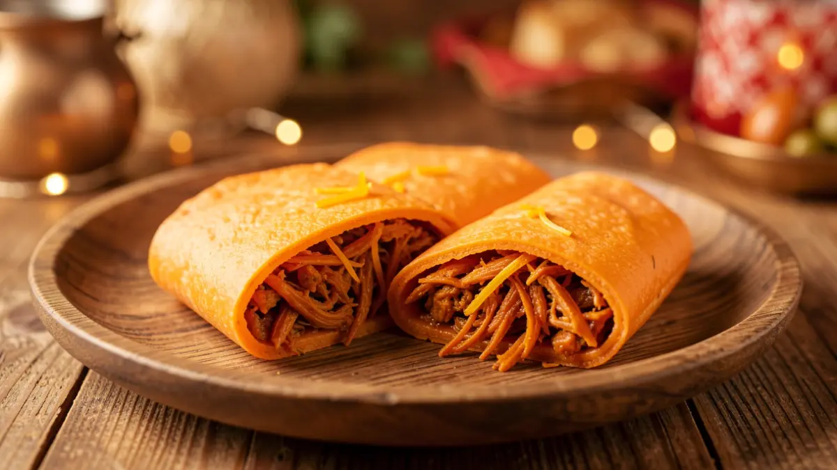 Close-up of Naranjito tortilla with cochinita pibil and orange.