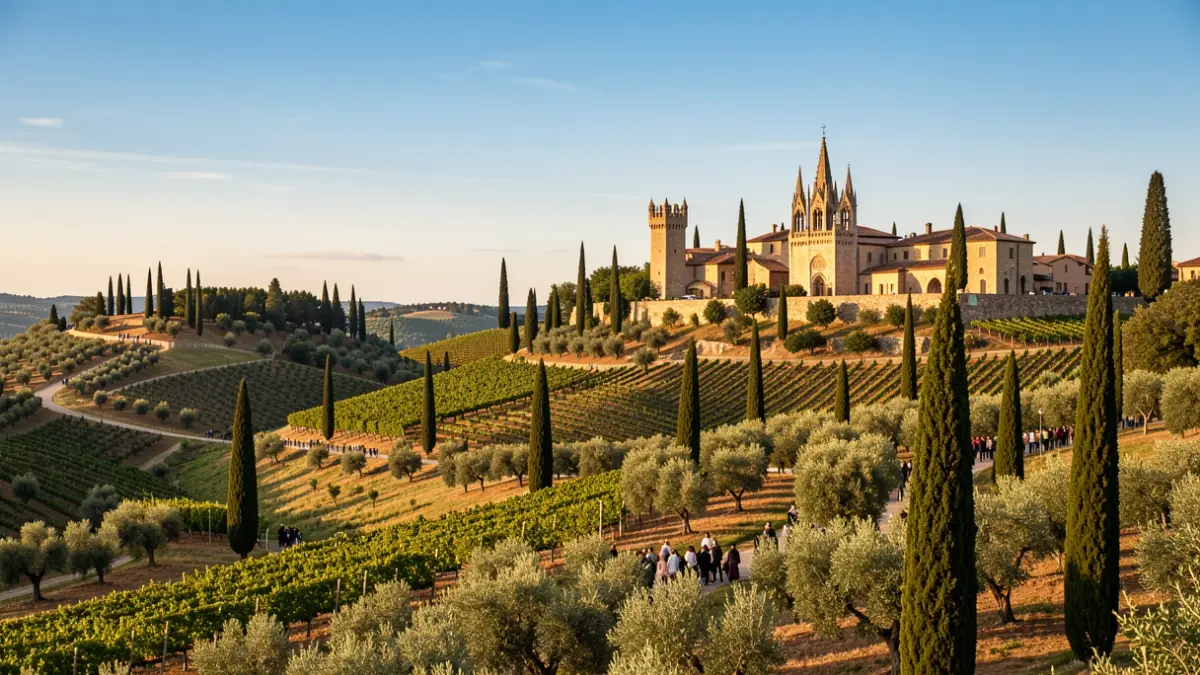 Imatge genèrica de turons amb vinyes, oliveres i un poble medieval a Catalunya.