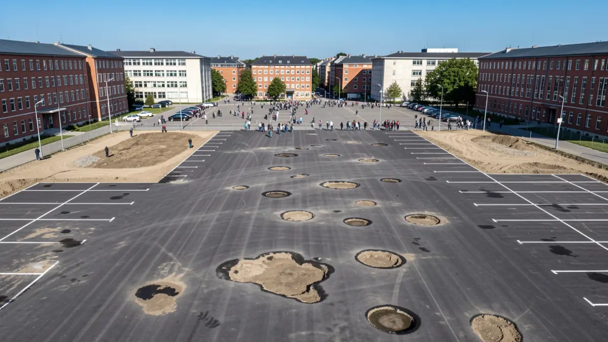 Vista aèria d'un pàrquing universitari en mal estat a Lleida.