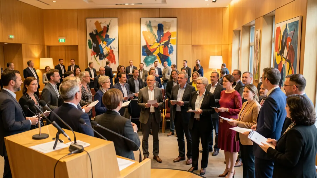 Generic image of a political debate in a conference hall.