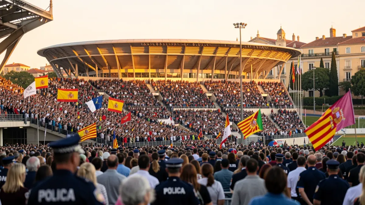 Imatge genèrica de l'Estadi Olímpic Lluís Companys ple de gent diversa amb banderes durant la visita del Papa a Barcelona.