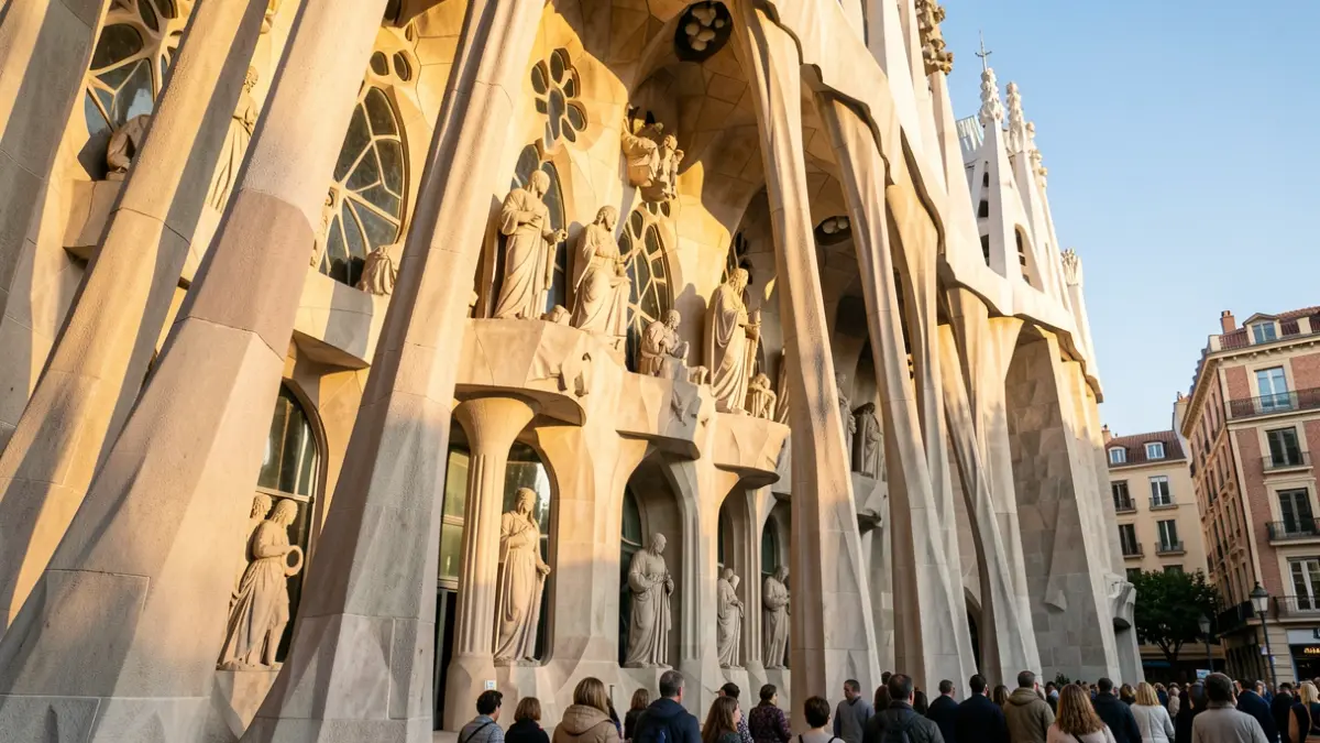 Detall arquitectònic de la Sagrada Família sota la llum del sol.