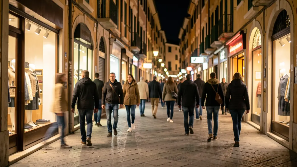 Imatge genèrica d'un carrer comercial il·luminat de nit amb vianants.