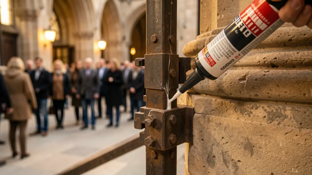 Detail of an industrial adhesive joining stone and steel in a complex construction.