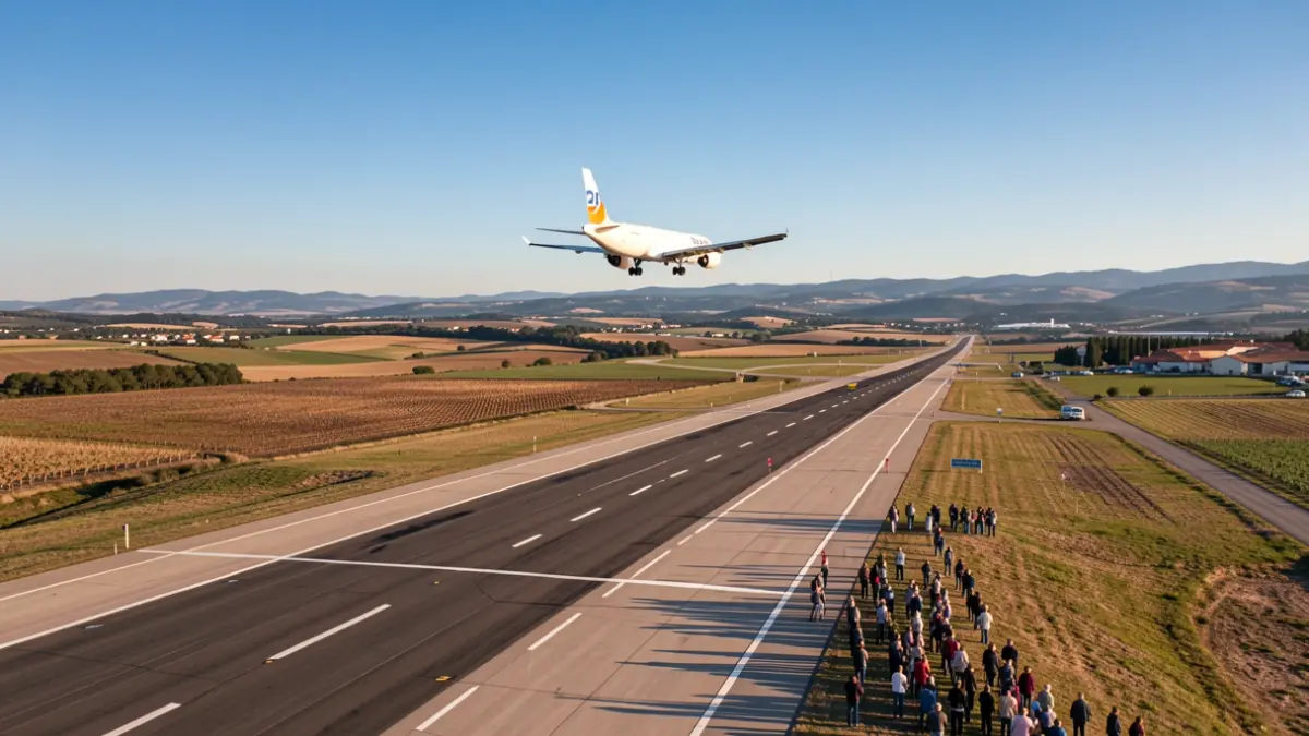 Vista aèria de l'aeroport de Reus amb un avió enlairant-se.
